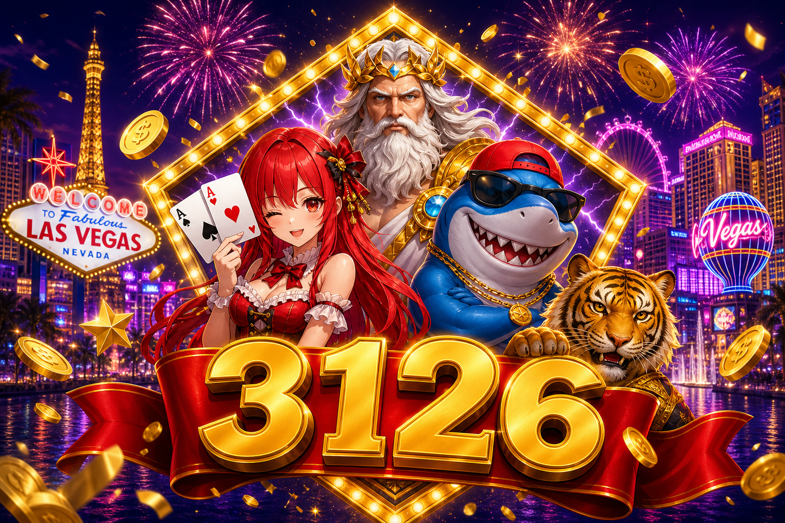 Banner 3126 dengan Zeus, gadis anime, hiu, dan angka emas 3126.