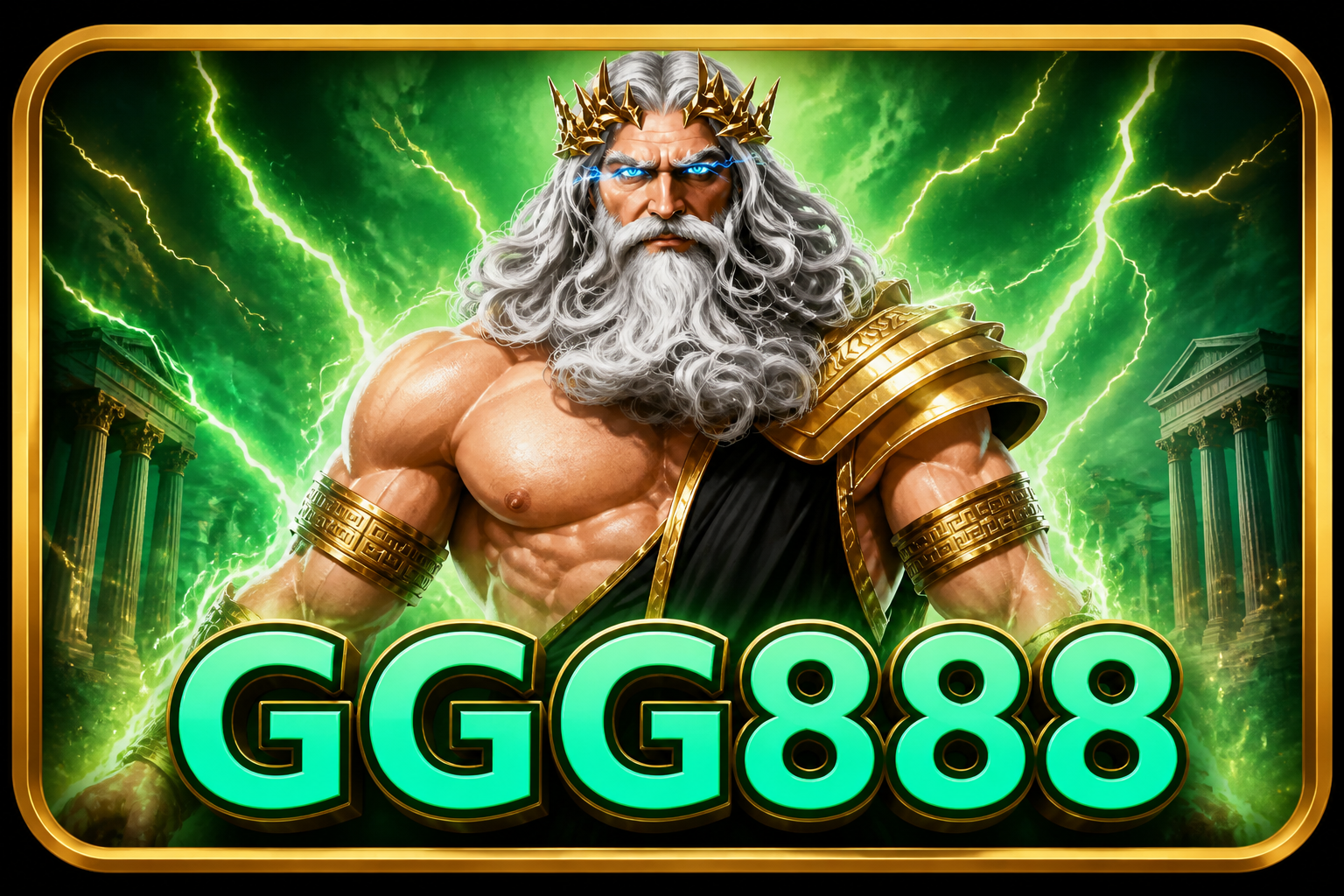 GGG888: dewa Zeus, mahkota emas, mata biru, teks mint.