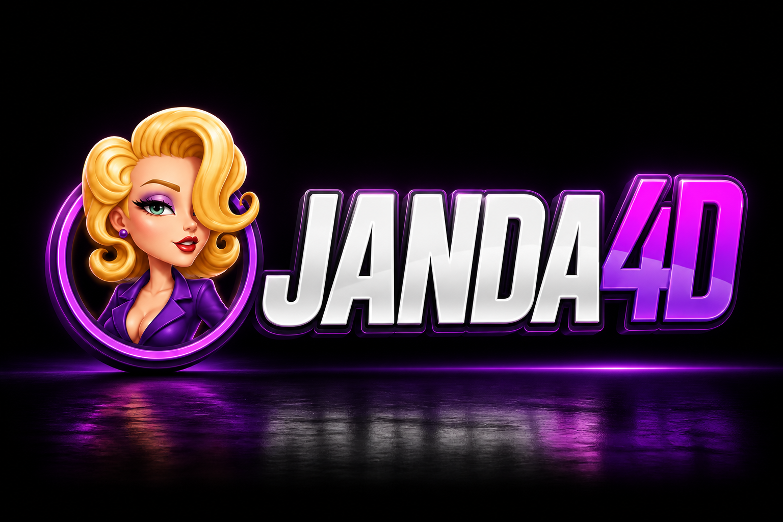 JANDA4D: wanita pirang jaket ungu dan teks JANDA 4D.